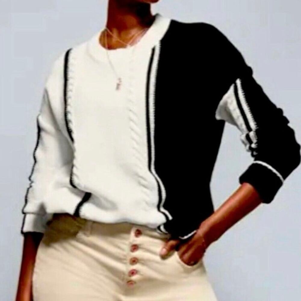 CABI 4468 Women's S Lineup Sweater Black Cream Striped Crewneck Pullover Knit